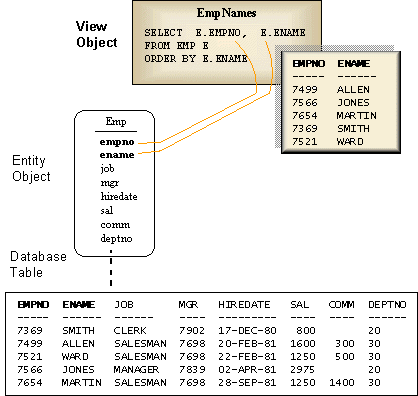 A view object, entity object, and database table.